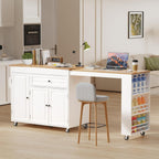 Expandable Kitchen Island with Storage Drawer and Wheels, White | Rubberwood top expands 48.4"-82.6". Spacious drawer, 2 cabinets, 2 shelves, spice rack & towel bar. Lockable casters.