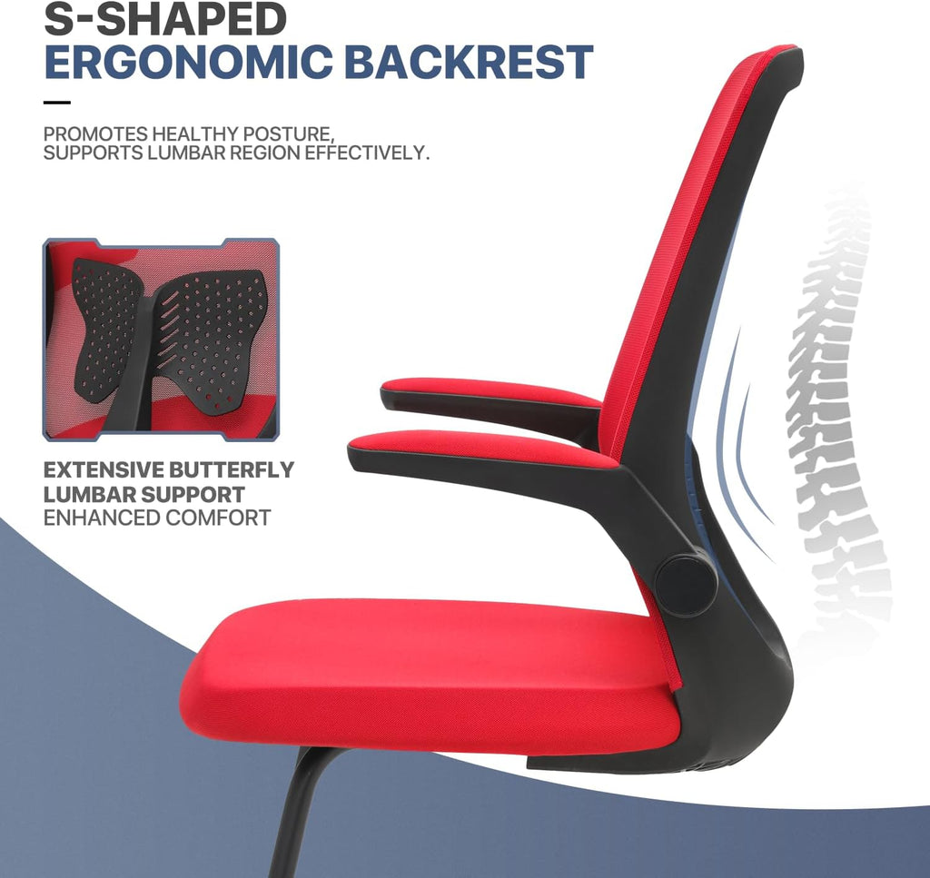 MoNiBloom Office Guest Chair Without Wheels, Lumbar Support Sled Chair Ergonomic Middle Back Task Chair with Flip-Up Arms for Reception Conference Wait Room 250 LBS Capacity, Set of 2, Red