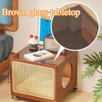Bedside Table with Cat Condo Movable Side Table Wood and Handcrafted Rattan Cat End Table Square Coffee Table for Living Room All Occasion