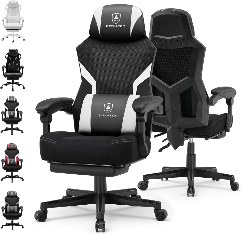 GTPLAYER Computer Chair with Adjustable Footrest, Ergonomic Gaming Chair with Headrest and Lumbar Support, Breathable Mesh Office Chair for Adults, High Back Reclining Desk Chair for Gaming and Office