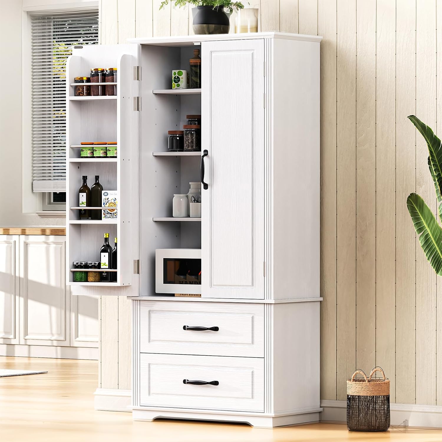 71" Farmhouse Kitchen Pantry Cabinet with 2 Large Drawers, Freestanding Cupboard Sideboard Storage Cabinet with 8 Door Shelves and Adjustable Shelves for Kitchen,Dining Room,Living Room,Laundry