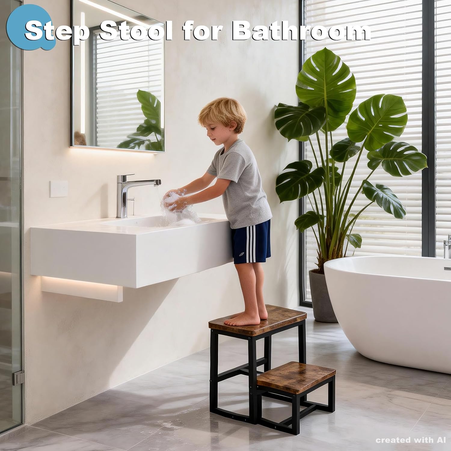 2 Step Stool for Adults Wooden Step Stool with 500 Lbs Capacity, 3 in 1 Heavy Duty Sturdy Stepping Stools Bedside Foot Stool for Kichen/Bathroom/Bedroom High beds, Non-Slip Pads
