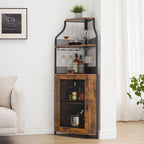 IDEALHOUSE Corner Wine Cabinet with Removable Wine Rack, Industrial Wine Cabinet with Glass Holder and Mesh Door, Liquor Coffe Bar Cabinet with Adjustable Shelves, Rustic Brown