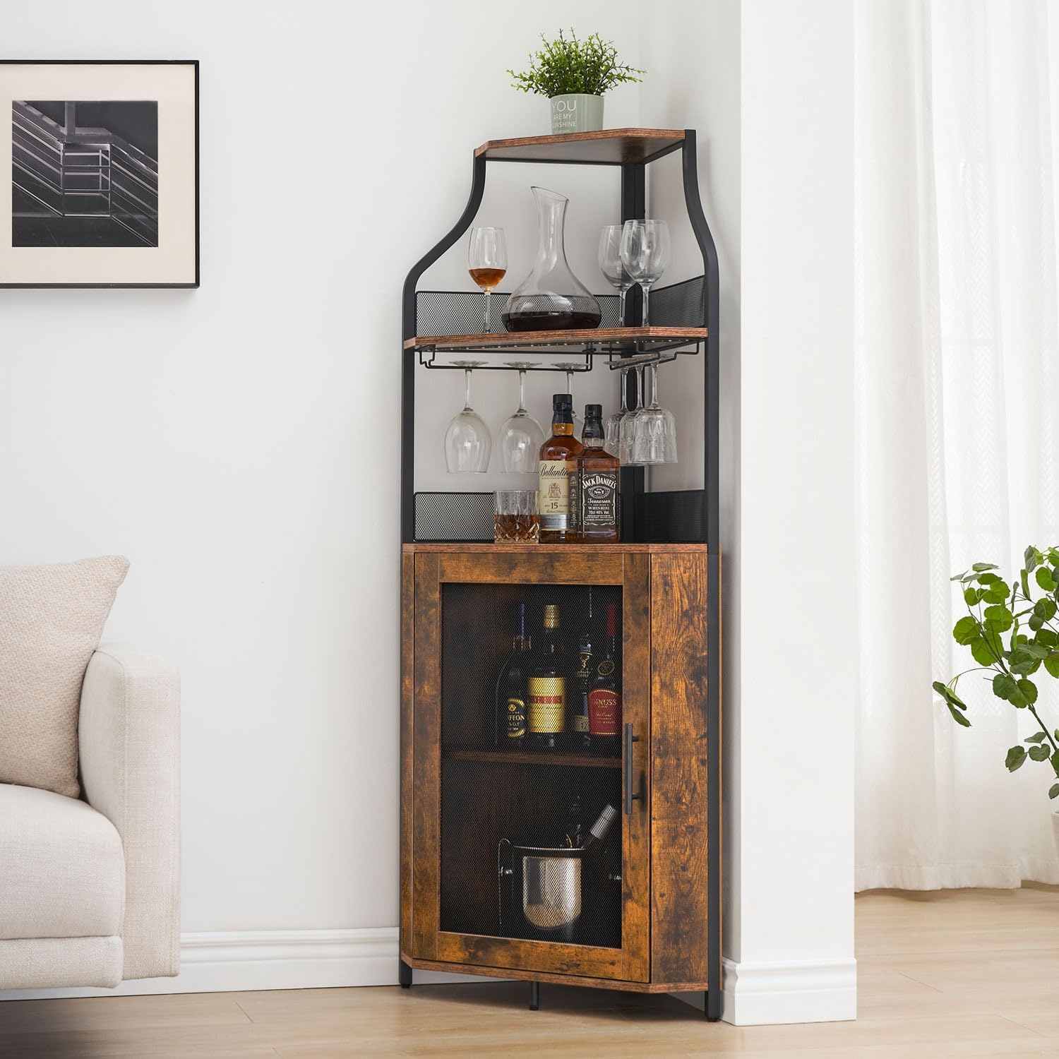 IDEALHOUSE Corner Wine Cabinet with Removable Wine Rack, Industrial Wine Cabinet with Glass Holder and Mesh Door, Liquor Coffe Bar Cabinet with Adjustable Shelves, Rustic Brown