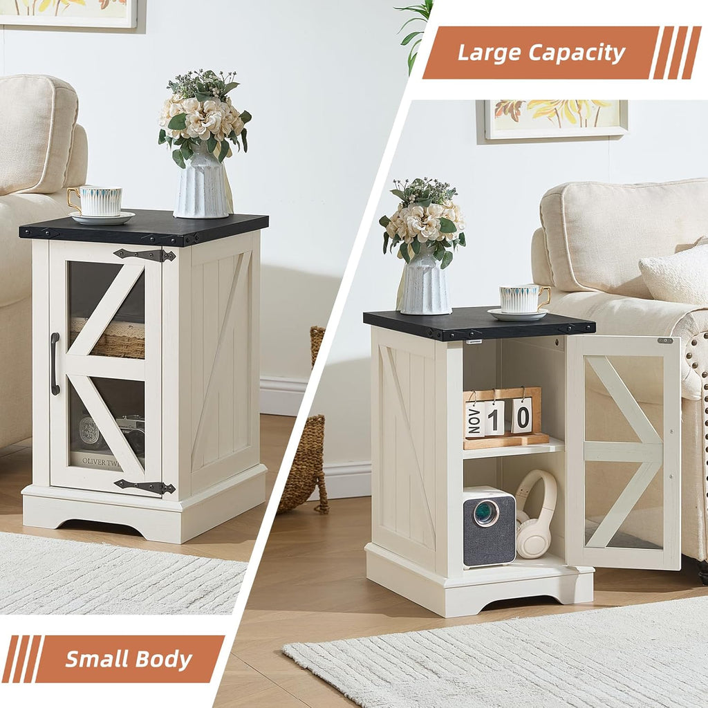Joaxswe Farmhouse End Table Set 2, Narrow 18'' Night Stand with Glass Barn Door, 24" Square Side Table with Charger Station, Living Room Furniture Sets, Wood Nightstand Bedside Tables for Bedroom