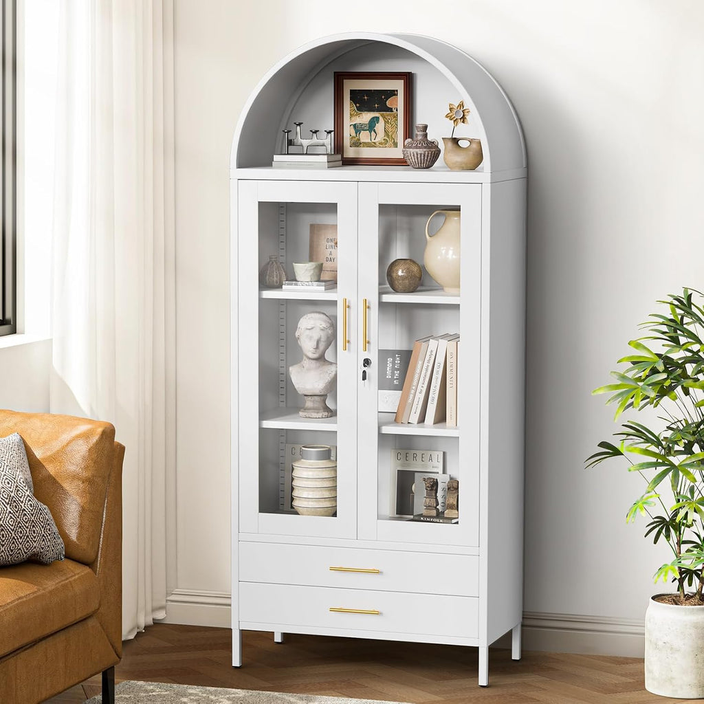 Holiwei Metal Storage Cabinet, 73" Arched Kitchen Pantry Organizer with 2 Drawers & 2 Adjustable Shelves, Freestanding Display Cabinet for Living Room