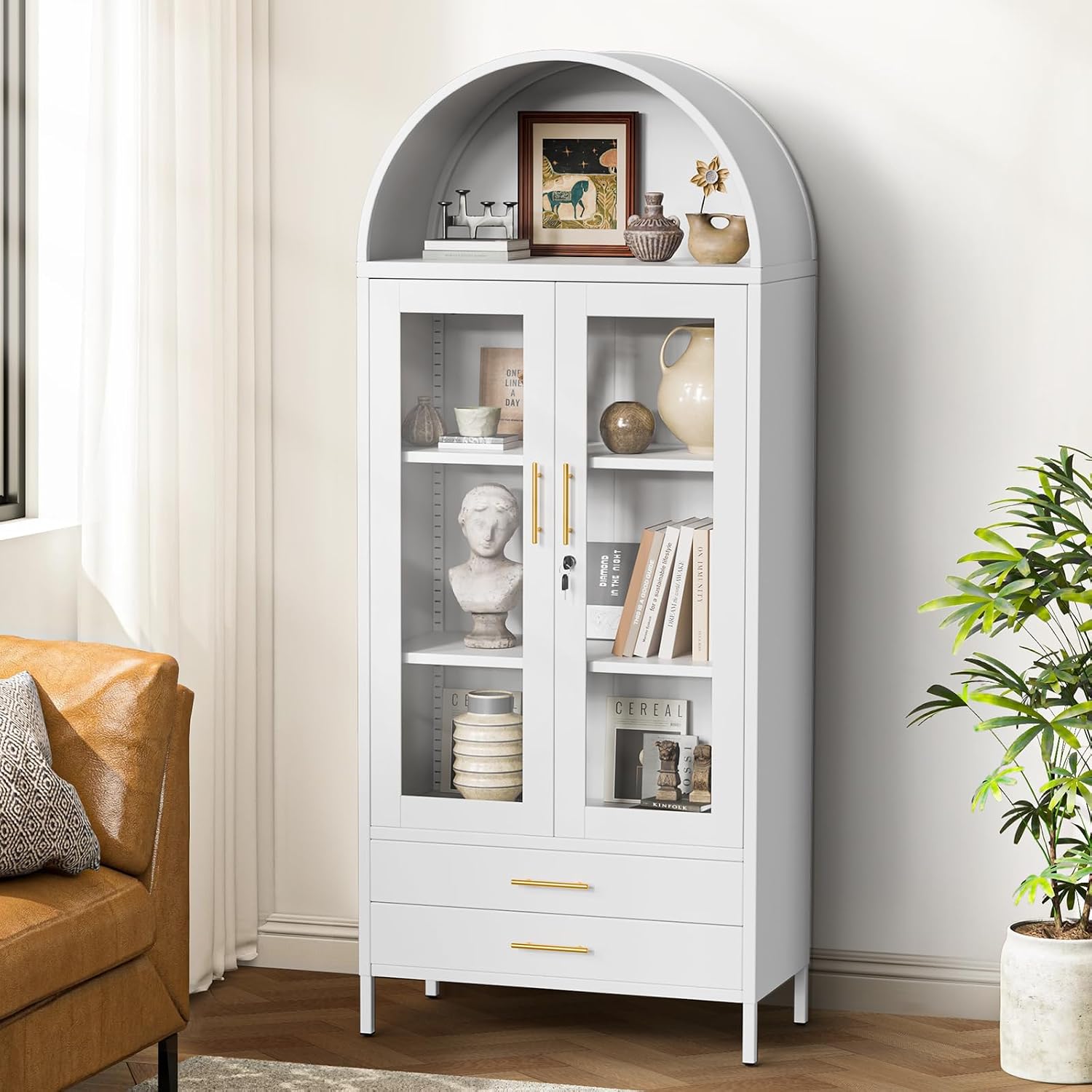 Holiwei Metal Storage Cabinet, 73" Arched Kitchen Pantry Organizer with 2 Drawers & 2 Adjustable Shelves, Freestanding Display Cabinet for Living Room