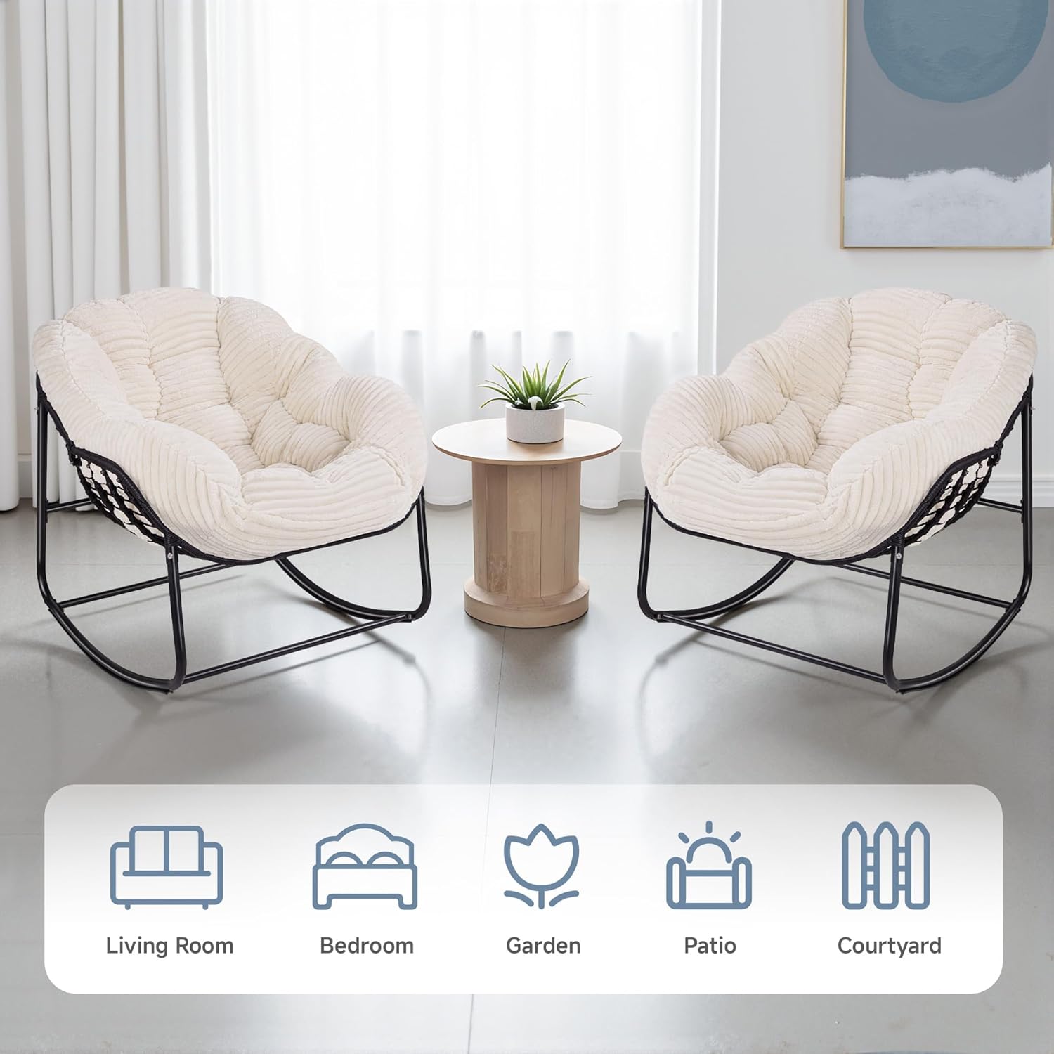 Indoor Rocking Chair, Oversized Outdoor Lounge Chair with Thick Corduroy Cushion & Straps, Wicker Modern Comfy Rocker Egg Chair for Living Room, Bedroom, Porch and Courtyard, Beige