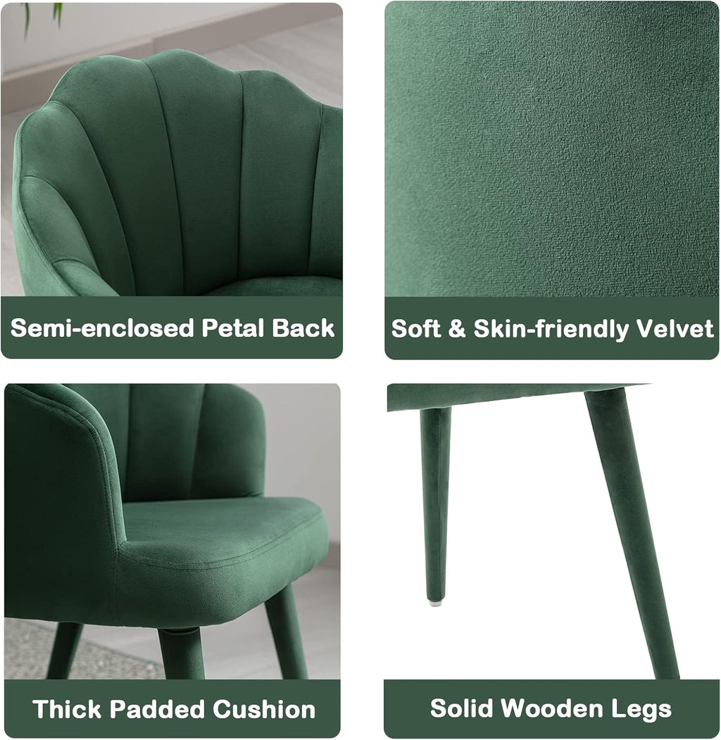 Velvet Dining Chairs Set of 2 Modern Living Room Chairs with Petal Back & Wood Legs Comfy Upholstered Accent Chair Side Chair for Dining Room/Bedroom/Vanity, Green