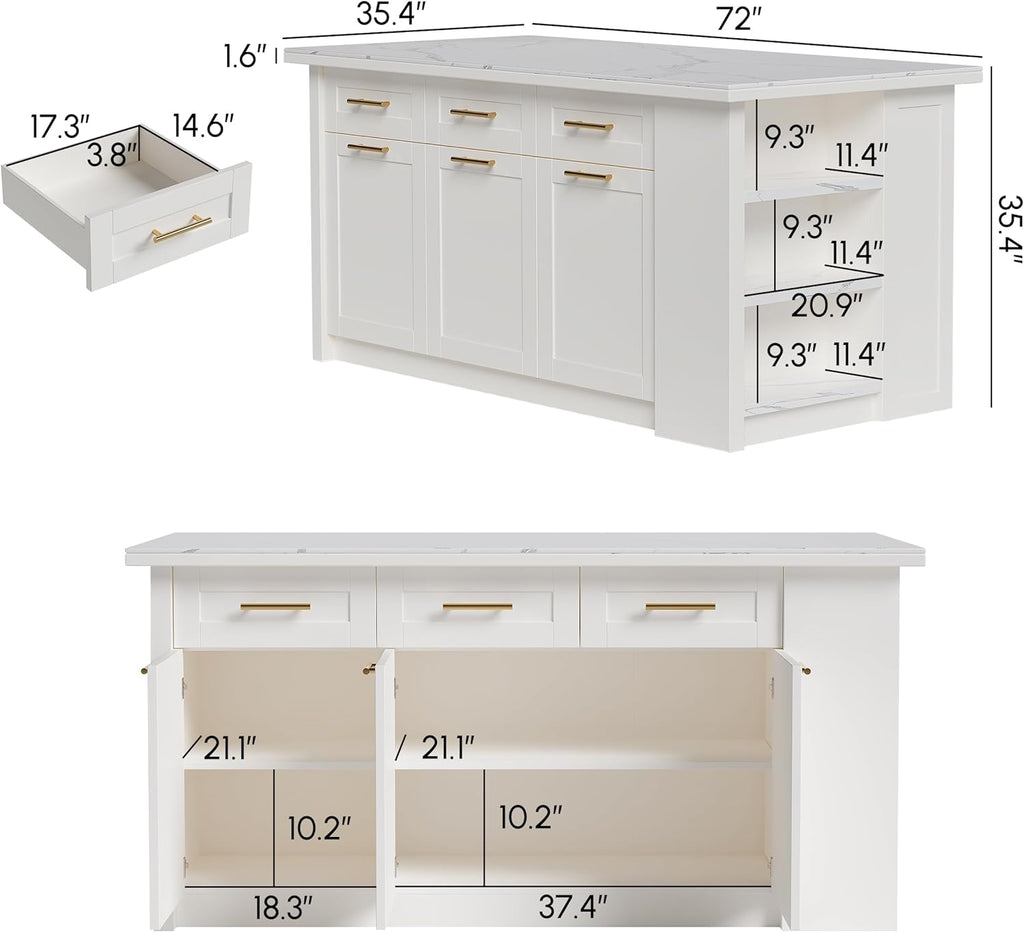 homary Kitchen Island with Bar Stools Set,71" White Kitchen Island with Seating,Sintered Stone Top & Drawers,Freestanding Multifunctional Island Table with 2 Chairs