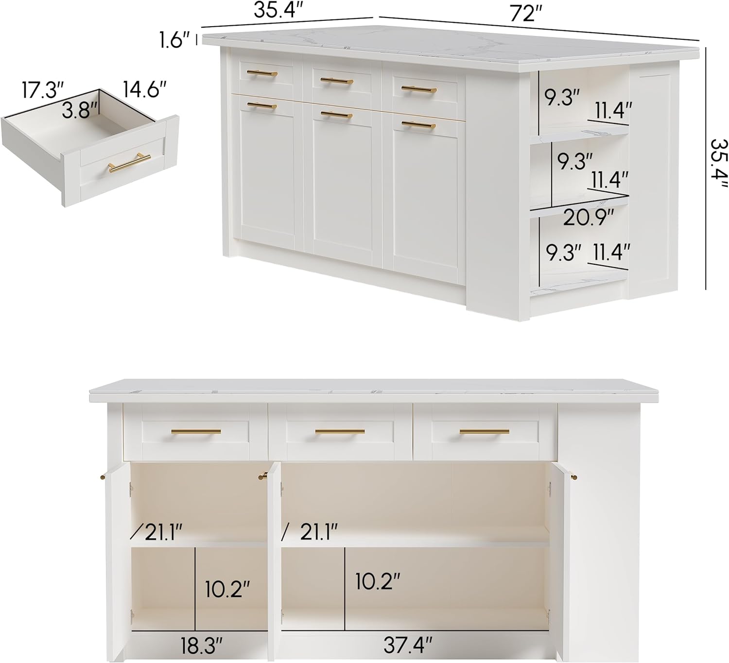 homary Kitchen Island with Bar Stools Set,71" White Kitchen Island with Seating,Sintered Stone Top & Drawers,Freestanding Multifunctional Island Table with 2 Chairs