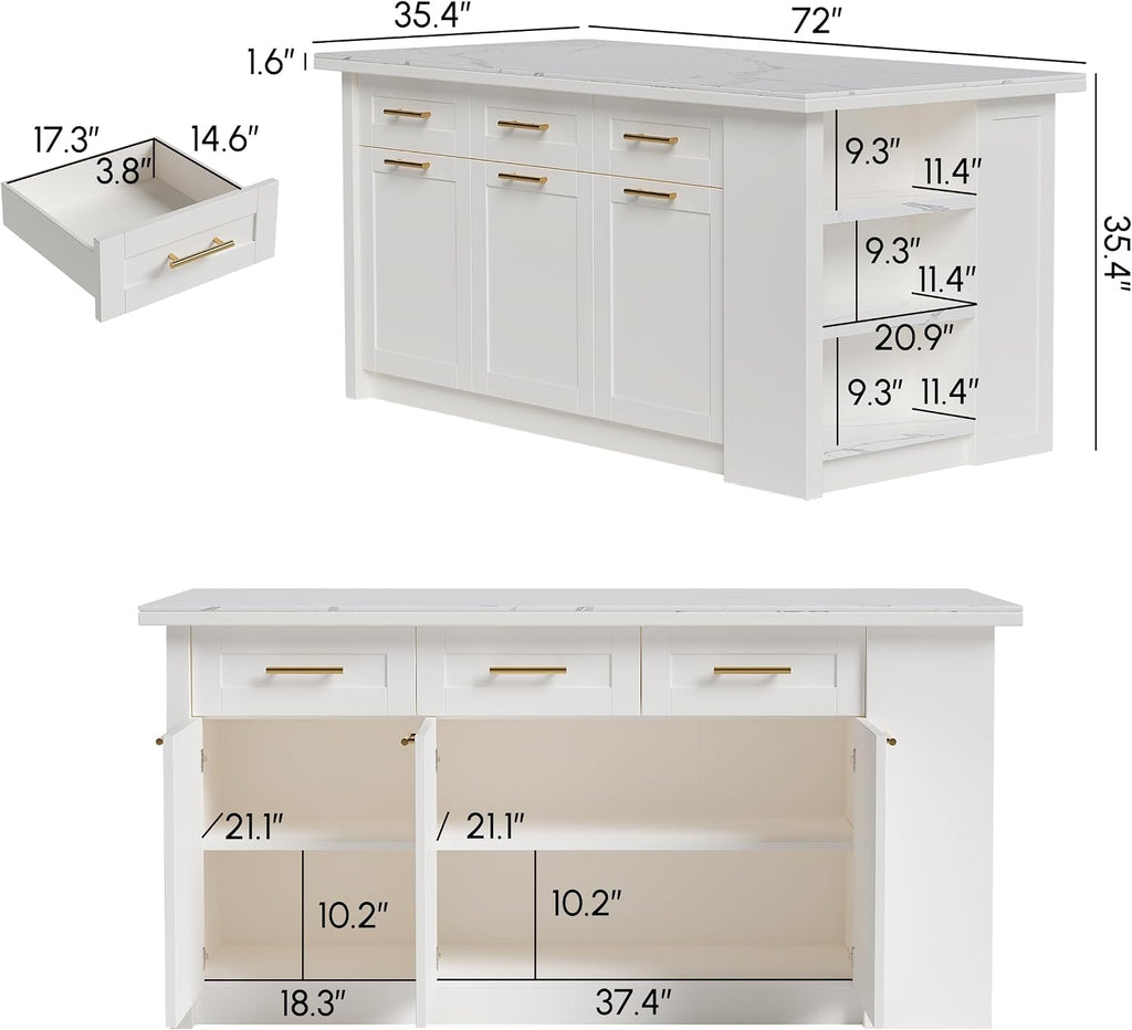 homary 71" White Kitchen Island with Storage Large Kitchen Cabinet with Drawers & Sintered Stone Top Island Table for Dining Room