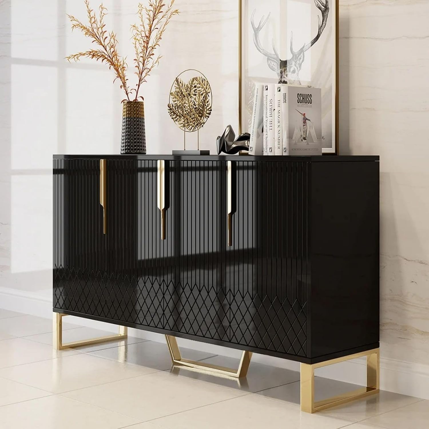 homary Modern 59" Buffet Cabinet Table with 4 Doors & 6 Shelves - Sideboard Cabinet for Dining Room, Kitchen (Black)