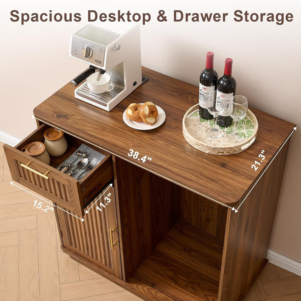 Okvnbjk Mini Fridge Cabinet with Storage & Power Outlet, Walnut | Coffee Bar Cabinet with Fridge Space, Fluted Bar Cabinet for Living Room, Dining Room, Dorm