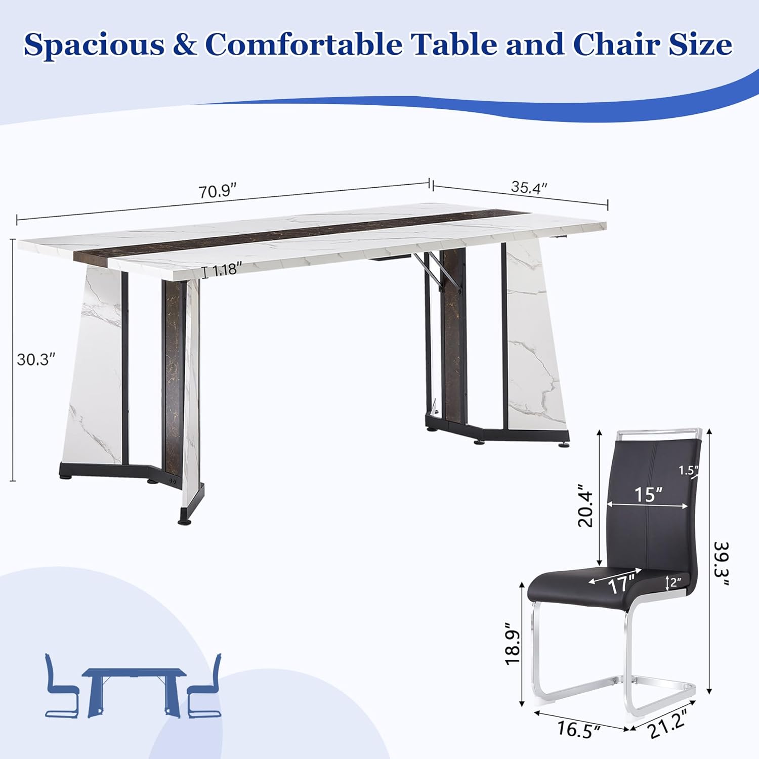 Dining Table Set for 6,White Marble 71'' Dining Room Table with Spacious legroom and Black Leather Dining Chairs,Easy Assembley,7 Pieces Kitchen Table and Chairs for Dining Room,Restaurant