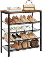 HOOBRO Shoe Rack for Entryway, 5-Tier Shoe Organizer with Adjustable Mesh Shelves, 16-20 Pairs of Shoes, Spacious Floor Mount, Metal, Industrial, Shoe Shelf for Closet, Rustic Brown BF12XJ01