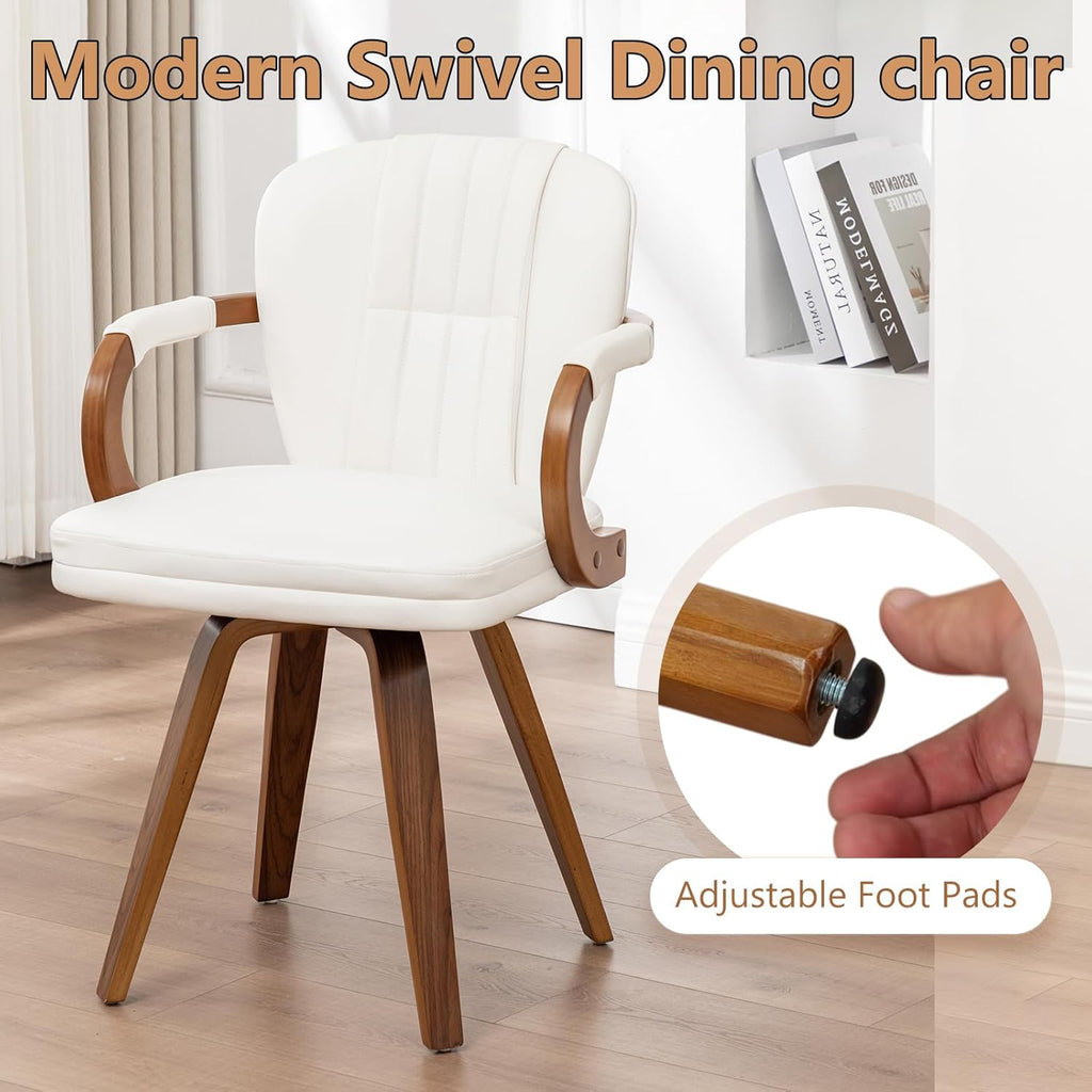 Swivel Dining Chairs Mid Century Modern White Faux Leather Upholstered Kitchen Chairs with Bentwood Frame Armrests Side Chairs,Comfortable Ergonomic Wood Accent Chair No Wheels,1PCS