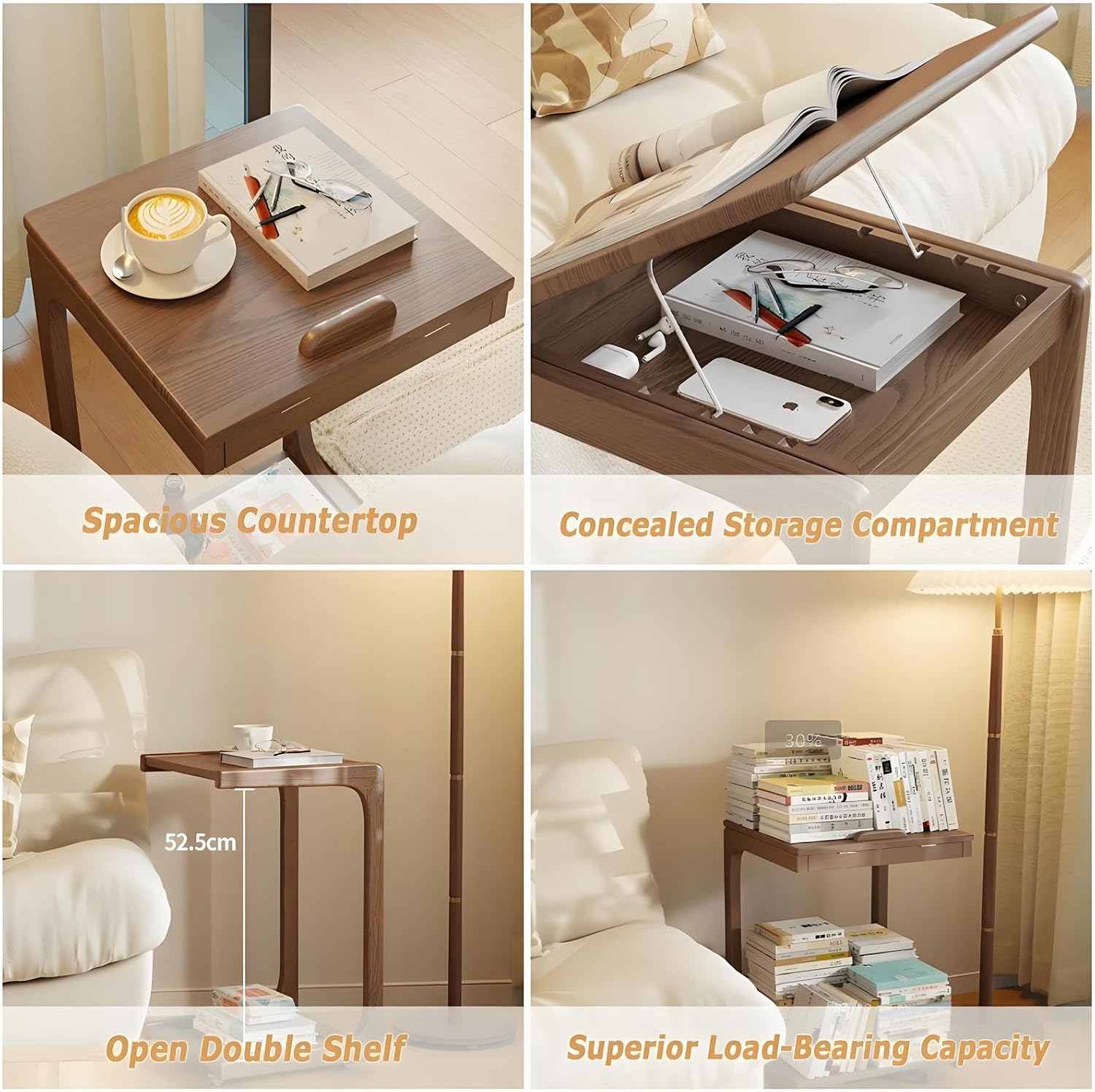 C Shaped Adjustable Solid Wood TV Tray Table with Wheels - Removable Side Tables for Couch, Ideal for Living Rooms and Bedrooms, Perfect for Narrow Spaces
