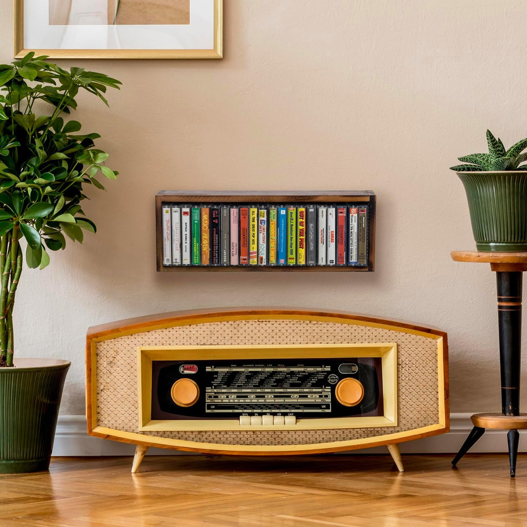 FARM IN Cassette Tape Storage, Farmhouse Style Cassette Rack Towe for Table or Wall Mount, Rustic Solid Burnt Wood & Diamond Metal Wire Mesh