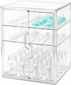 Baby Bottle Organizer, 3-Tier Bottle Storage for Countertop with Double Magnetic Doors, Clear Plastic Bottle Station Organizer Mom Gifts with 2 Dividers for Kitchen, Bathroom, Cabinet, Vanity