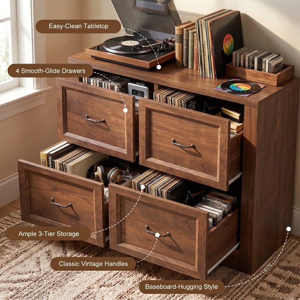 Vinyl Record Storage Cabinet with 4 Drawers, Holds Up to 300 LPs, 39” Large Record Player Stand & Turntable Table, Modular Media Console, Wood Album Organizer for Living Room, Cracked Oak