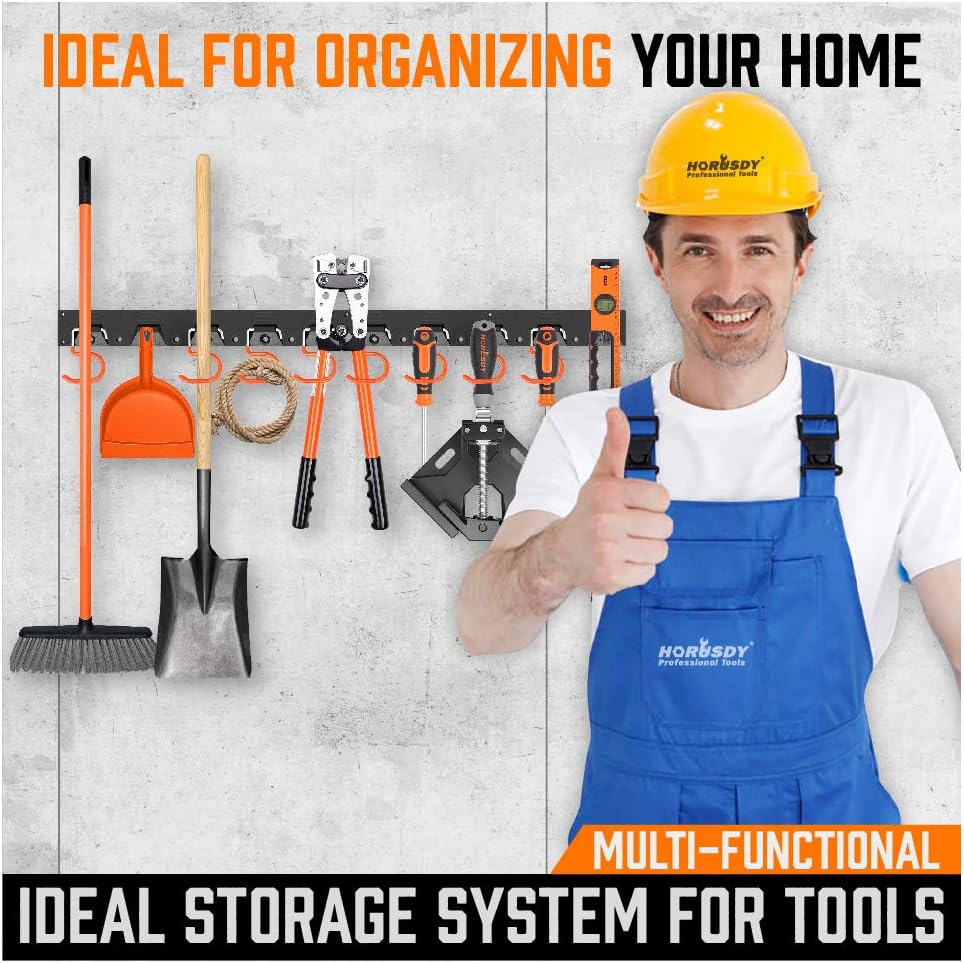 HORUSDY 64 Inch Adjustable Storage System, Wall Mount Tool Organizer, Tool Hangers for Mop and Broom Holder Shovel, Rake, Broom, Mop Holder, Etc (Pack of 2)