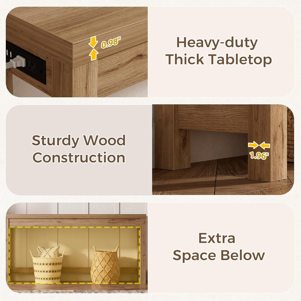 Cyclysio 63" Console Tables for Entryway, Long Console Tables for Living Room, Behind Couch Table, Sturdy Wood Support Farmhouse Entryway Table with 3AC+2USB Charging‌ Station, Natural Oak
