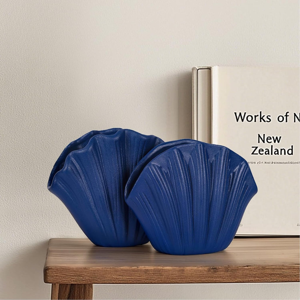 Blue Ceramic Shell Vase Set of 2 - Coastal Decorative Vases for Home Decor, Pampas Grass or Flowers, Navy Blue Centerpieces for Coffee Table, Shelf, Fireplace Mantle, Entryway or Dining Room