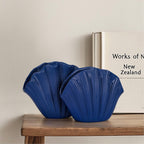 Blue Ceramic Shell Vase Set of 2 - Coastal Decorative Vases for Home Decor, Pampas Grass or Flowers, Navy Blue Centerpieces for Coffee Table, Shelf, Fireplace Mantle, Entryway or Dining Room
