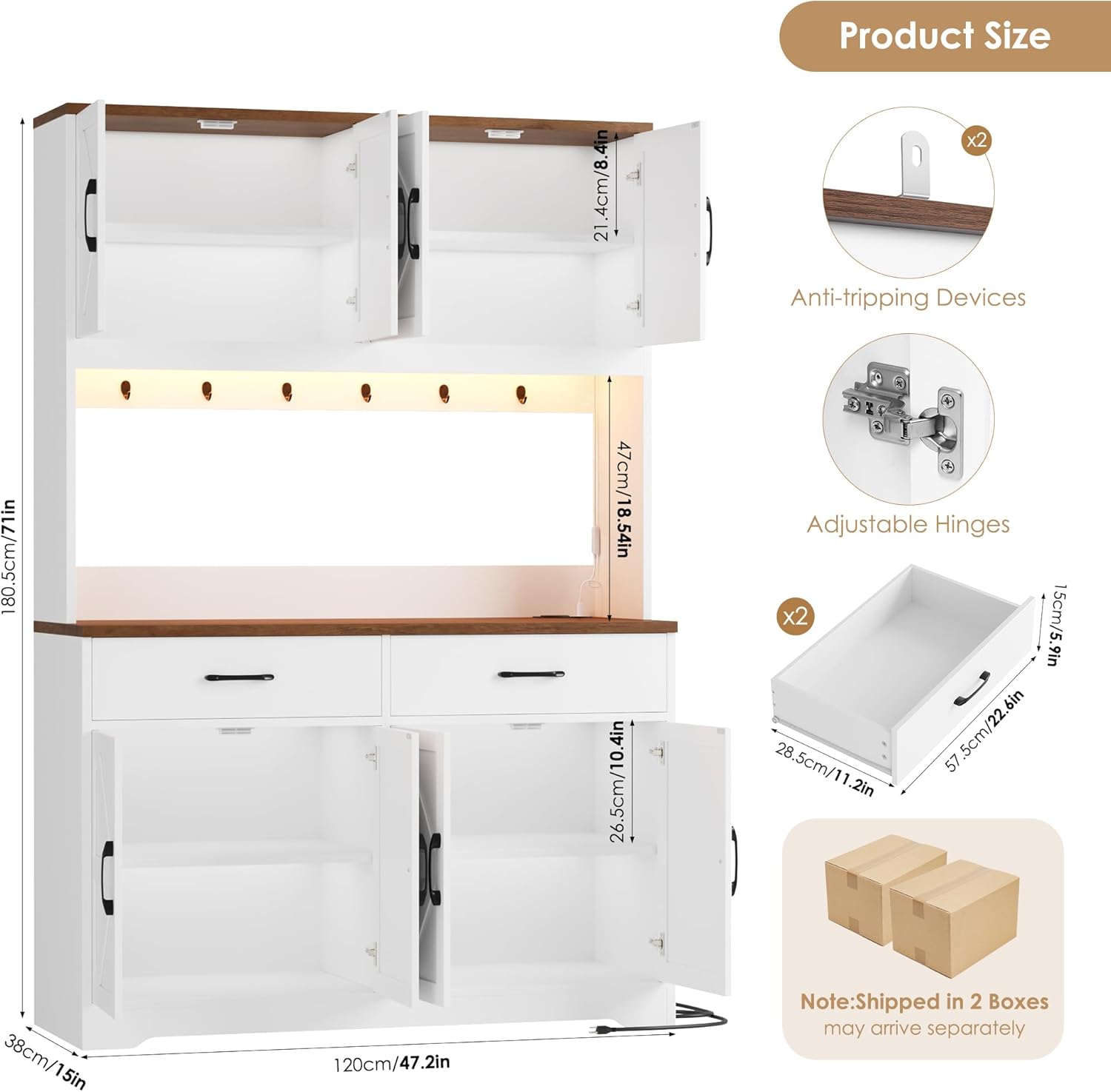 HIFIT 71" Tall Kitchen Pantry Cabinet with RGB LED and Charging Station, Farmhouse Coffee Bar Cabinet with Large Countertop and 6 Hooks, Kitchen Hutch Storage Cabinet, White