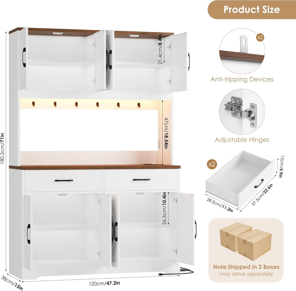 HIFIT 71" Tall Kitchen Pantry Cabinet with RGB LED and Charging Station, Farmhouse Coffee Bar Cabinet with Large Countertop and 6 Hooks, Kitchen Hutch Storage Cabinet, White