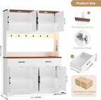 HIFIT 71" Tall Kitchen Pantry Cabinet with RGB LED and Charging Station, Farmhouse Coffee Bar Cabinet with Large Countertop and 6 Hooks, Kitchen Hutch Storage Cabinet, White