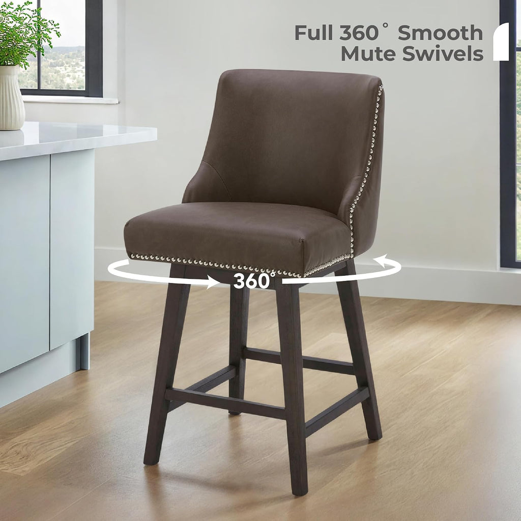 CHITA Counter Height Swivel Bar Stools Set of 3, FSC Certified Upholstered Counter Stools, Modern Swivel Barstools with Wood Legs for Kitchen Island, 26" Seat Height, Faux Leather in Chocolate