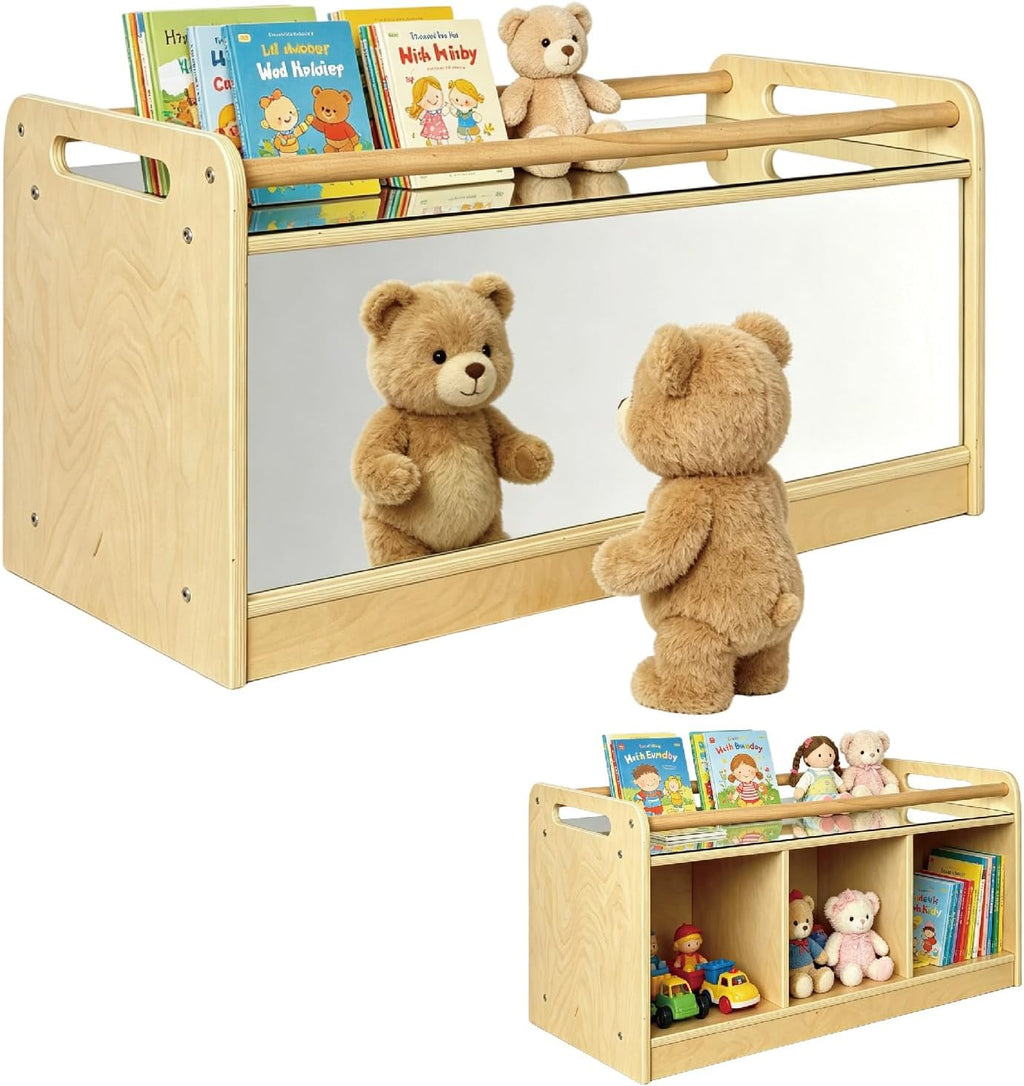 Montessori Shelf with Activity Top and Mirror, Birch Plywood Toy Storage Cabinet, Wooden Toddler Tummy Time Furniture for Home, Daycare Cubbies, Preschool, Playroom, Nursery, Kindergarten