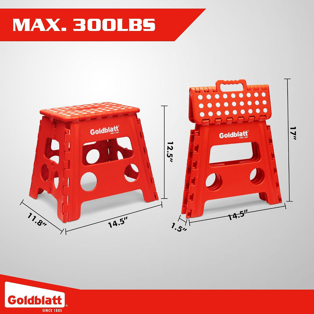 Goldblatt 12.5" Folding Step Stool 2-Pack for Adults and Kids, Lightweight Heavy-Duty Plastic Portable Foldable Stool with Non-Slip Top and Anti-Skid Feet, 300 lbs Capacity, Kitchen & Bathroom, Red