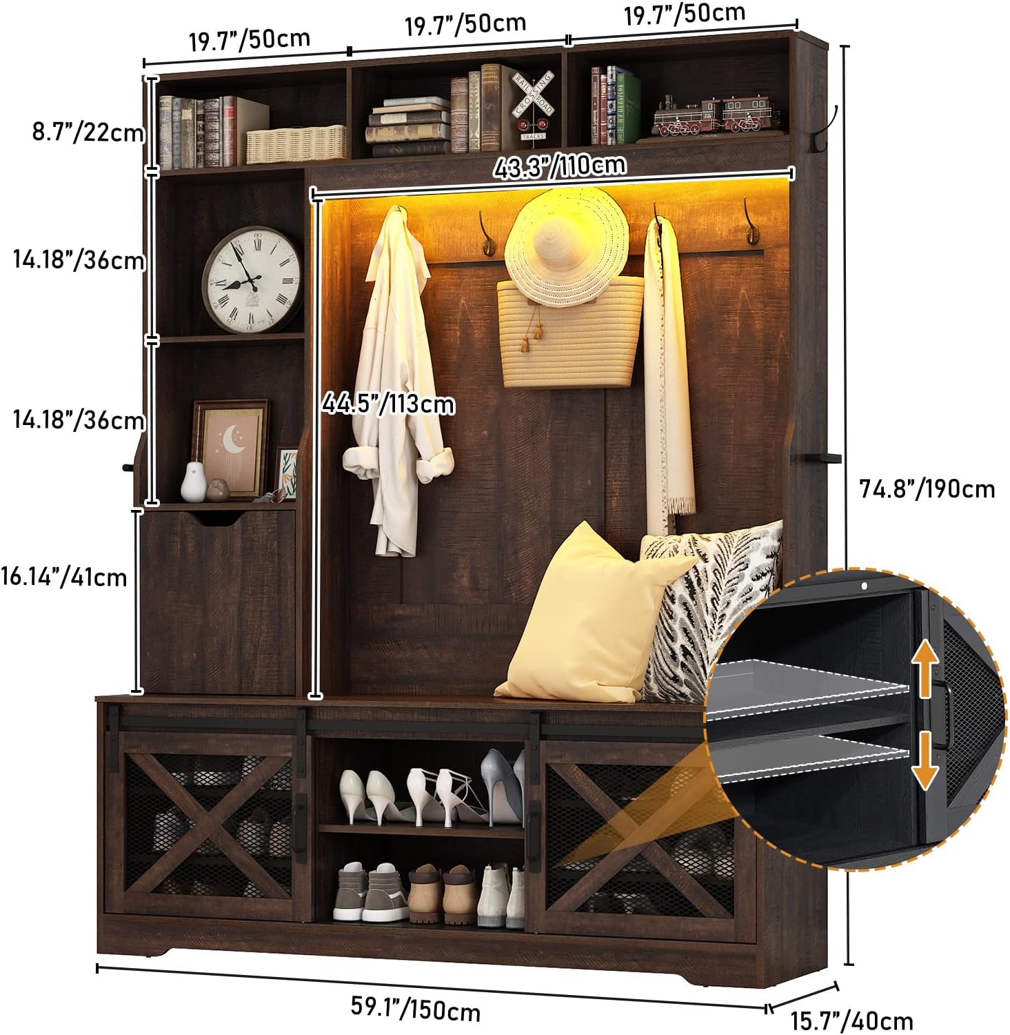 75''H 59''W Large LED Farmhouse Hall Tree with Bench and Shoe Storage,Entryway Bench with Coat Rack,16 Shoe Cubbies & Umbrella Holder and Sock Storage Drawer,Mudroom/Hallway Storages Cabinet(Brown)