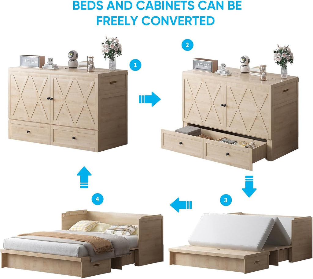 Mjkone Murphy Bed with Tri-Folding Mattress, Queen Hidden Cabinet Bed with Built-in USB Charging Station and 2 Storage Drawers, Foldable Wall Cabinet Beds for Living Room, Natural Wood Color