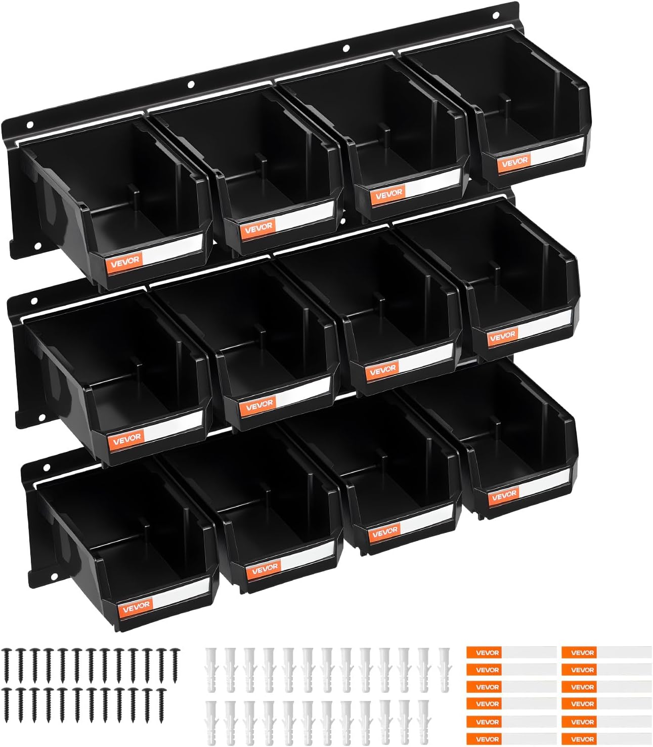 VEVOR Wall Mounted Storage Bins, 12 Plastic Bins & 3 Metal Rails, Plastic Hanging Stackable Storage Bin for Screws, Nuts, Bolts, Nails, Hardware Tool Organizer for Workshop, Craft Room, Garage, Black