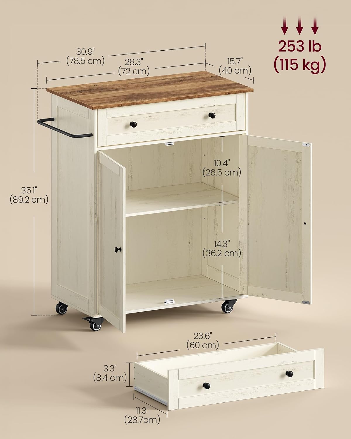 VASAGLE Mobile Kitchen Island, Portable Island on Wheels, Mobile Cart with Storage Cabinet for Dinning Room, 15.8 x 30.9 x 35.1 Inches, Rustic White and Honey Brown UKKI009WJ01S
