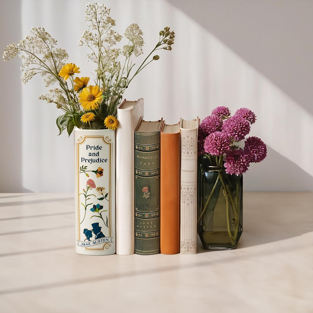 H&H Pride and Prejudice Book Vase for Flowers + Bookmark - Large Ceramic Book Planter Pot - Jane Austen Bookish Decor - Pride and Prejudice Gifts - Bookshelf Vase for Flowers - 2025 Edition