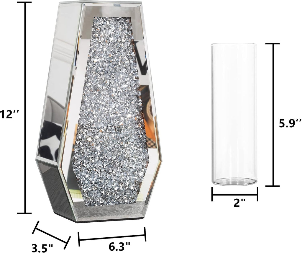Crushed Diamond Mirror Vase Silver Flower Vases for Decor Bling Crystal Glass Vase for Room Decor, 12 Inches (Can Hold Water)