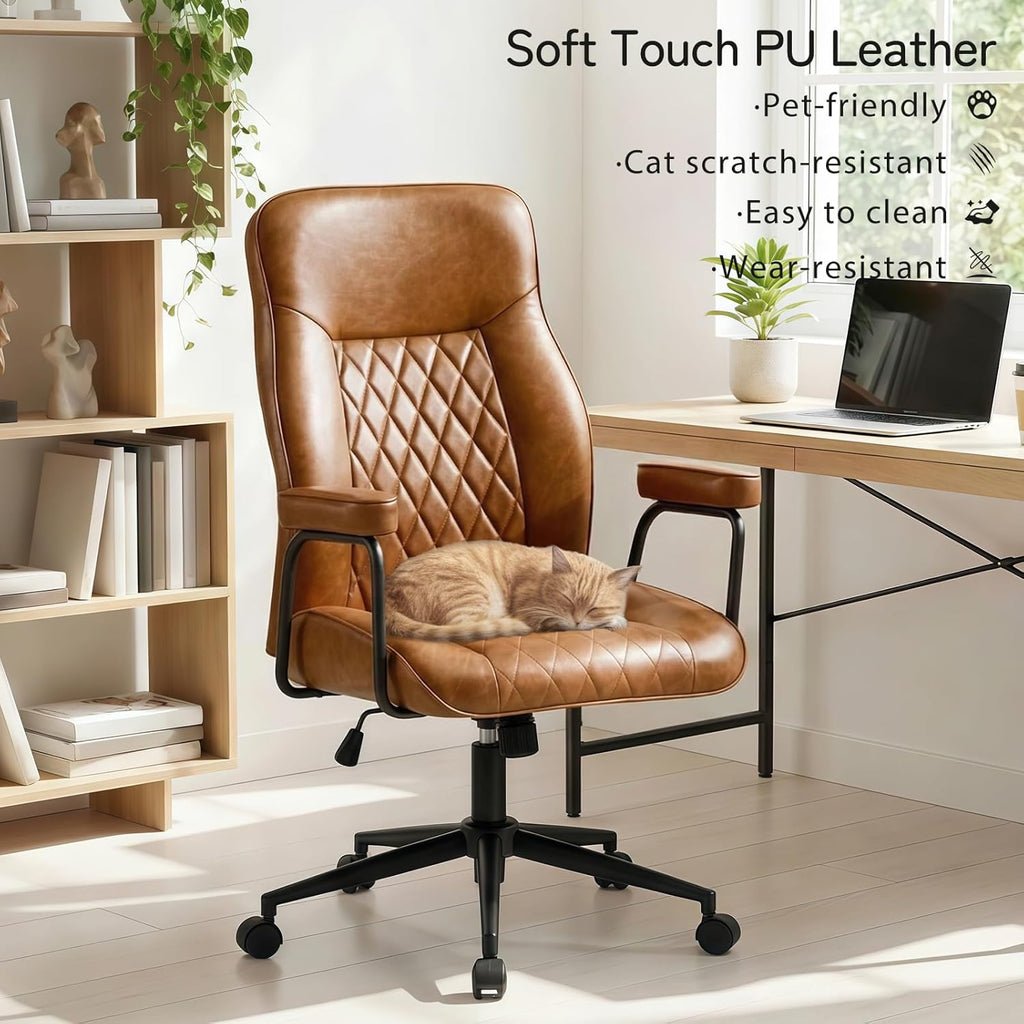 Furniliving Leather Office Chair, Comfy Home Office Desk Chair, Mid Century Modern Office Chair with Lumbar Support, Mid-Back Adjustable Swivel Computer Chair with Wheels and Arms, Brown