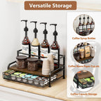 Coffee Syrup Rack Organizer, 3-Tier with 35 K-CUP Pod Holder Drawer | Black Metal Rack for 8 Syrup Bottles, Countertop Bottle Holder Stand for Wine, Space-Saving Design for Kitchen Cafe Station