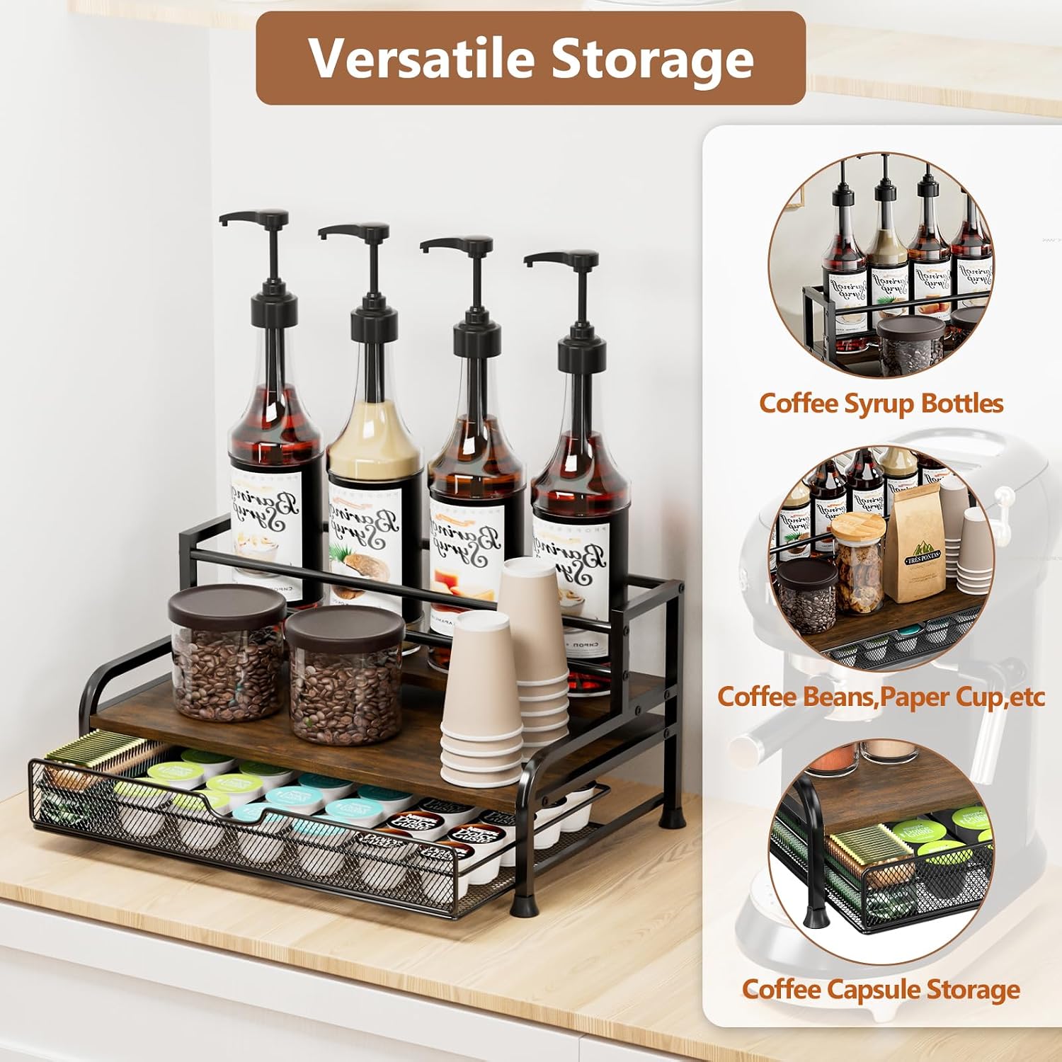 Coffee Syrup Rack Organizer, 3-Tier with 35 K-CUP Pod Holder Drawer | Black Metal Rack for 8 Syrup Bottles, Countertop Bottle Holder Stand for Wine, Space-Saving Design for Kitchen Cafe Station