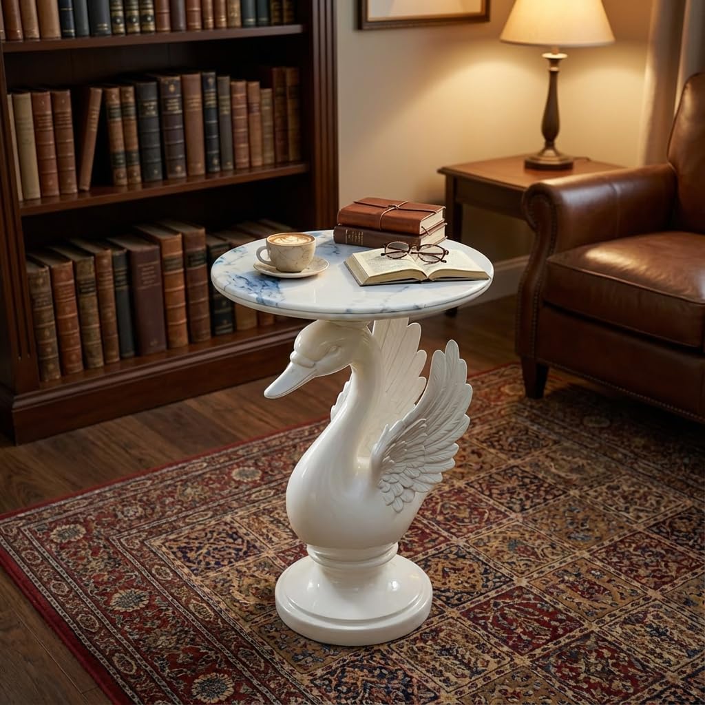 Sculptural Swan Head Side Table, Artistic Animal End Table with Faux Marble Top, Modern Accent Table for Living Room, Unique Home Decor Gift for Housewarming, 19.69" W x 25.5" H