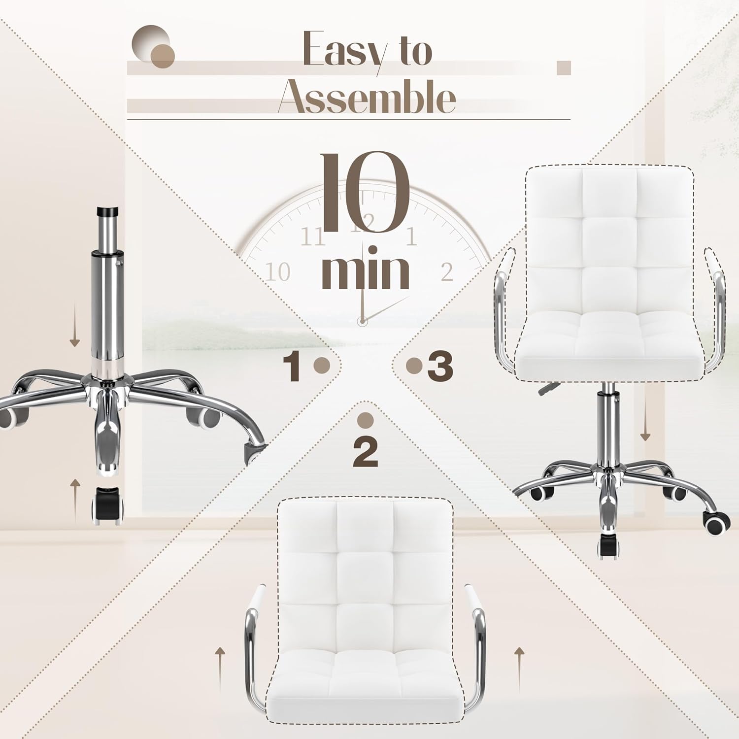 Furmax Vanity Office Chair with Wheels, Makeup PU Leather Executive Chair Modern Adjustable Home Desk Retro Comfortable Work Chair 360 Degree Swivel with Arms (White)
