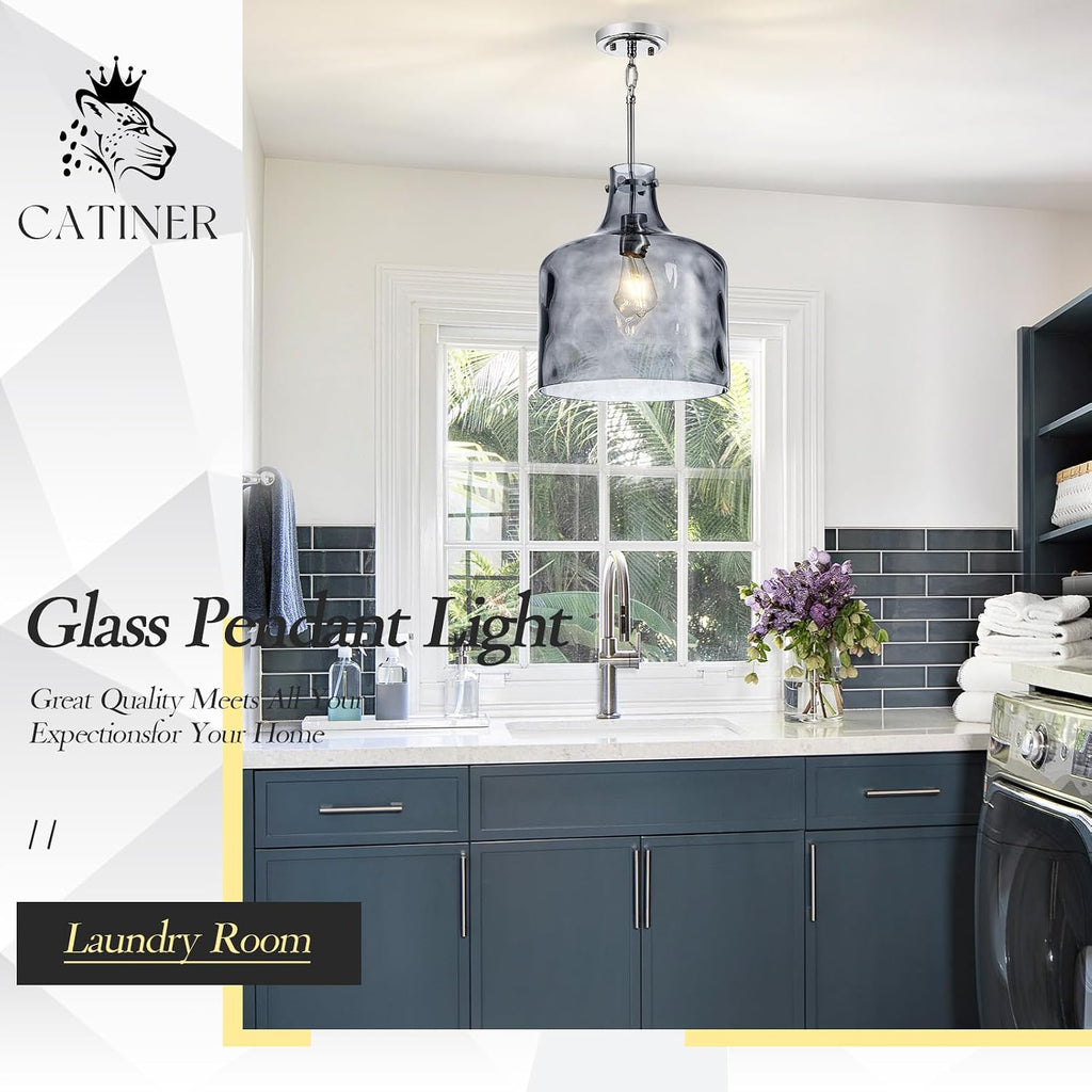 CATINER 16" Extra Large Farmhouse Pendant Light – Hand-Blown Smoked Gray Hammered Glass Shade, Polished Chrome Finish, Adjustable Chain Hanging Light Fixture for Kitchen Island, Dining Room, Hallway