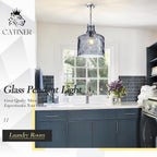 CATINER 16" Extra Large Farmhouse Pendant Light – Hand-Blown Smoked Gray Hammered Glass Shade, Polished Chrome Finish, Adjustable Chain Hanging Light Fixture for Kitchen Island, Dining Room, Hallway