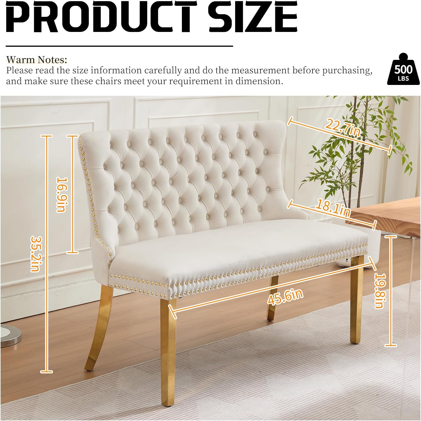 Shenyon Velvet Upholstered Dining Bench with Back, Tufted Loveseat Bench with Gold Stainless Steel Legs and Nailhead Trim, Banquette Seating for Dining Room, Kitchen, Entryway (Beige, Dining Bench)