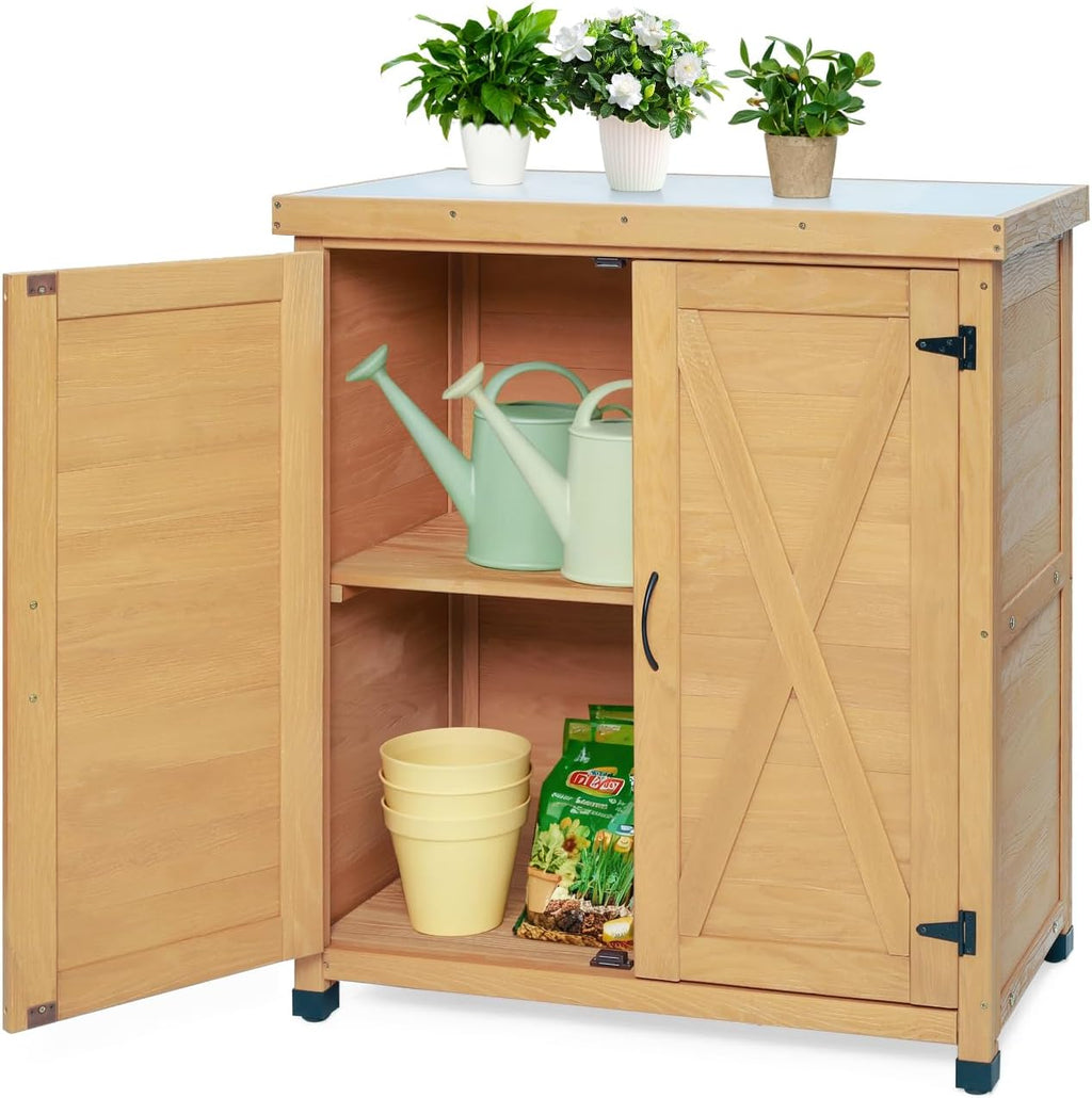 31" Sturdy Living Room Cabinet, Practical Cabinets with Weatherproof Wood, Storage Locker with Magnetic Door for Outdoor Patio, Light Brown
